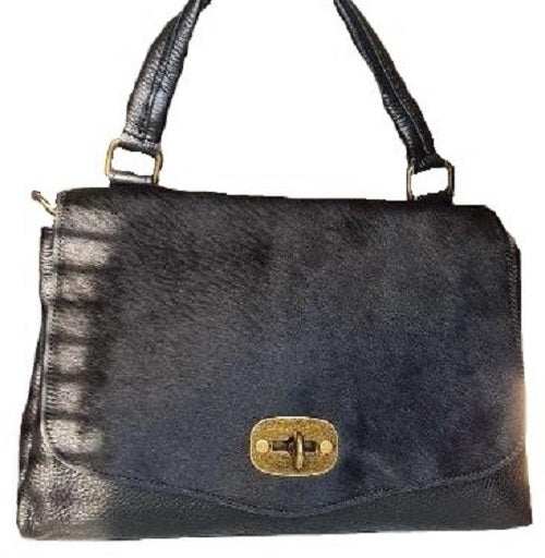 Handtasche Leder Pony Damen Drehverschluss Lederhenkel Schwarz Aleri Design