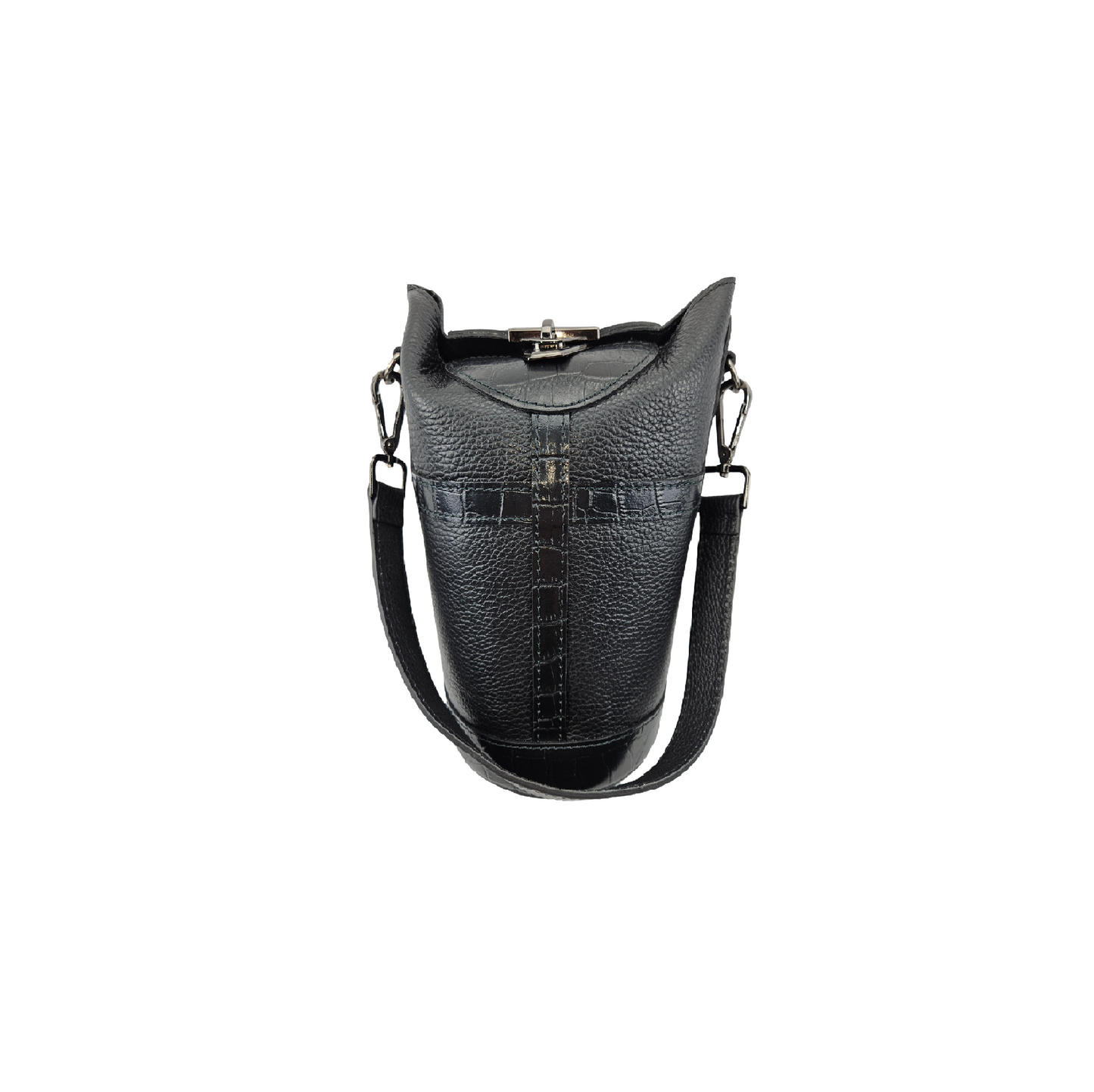 Bucket Bag Leder Krokoprägung Schwarz