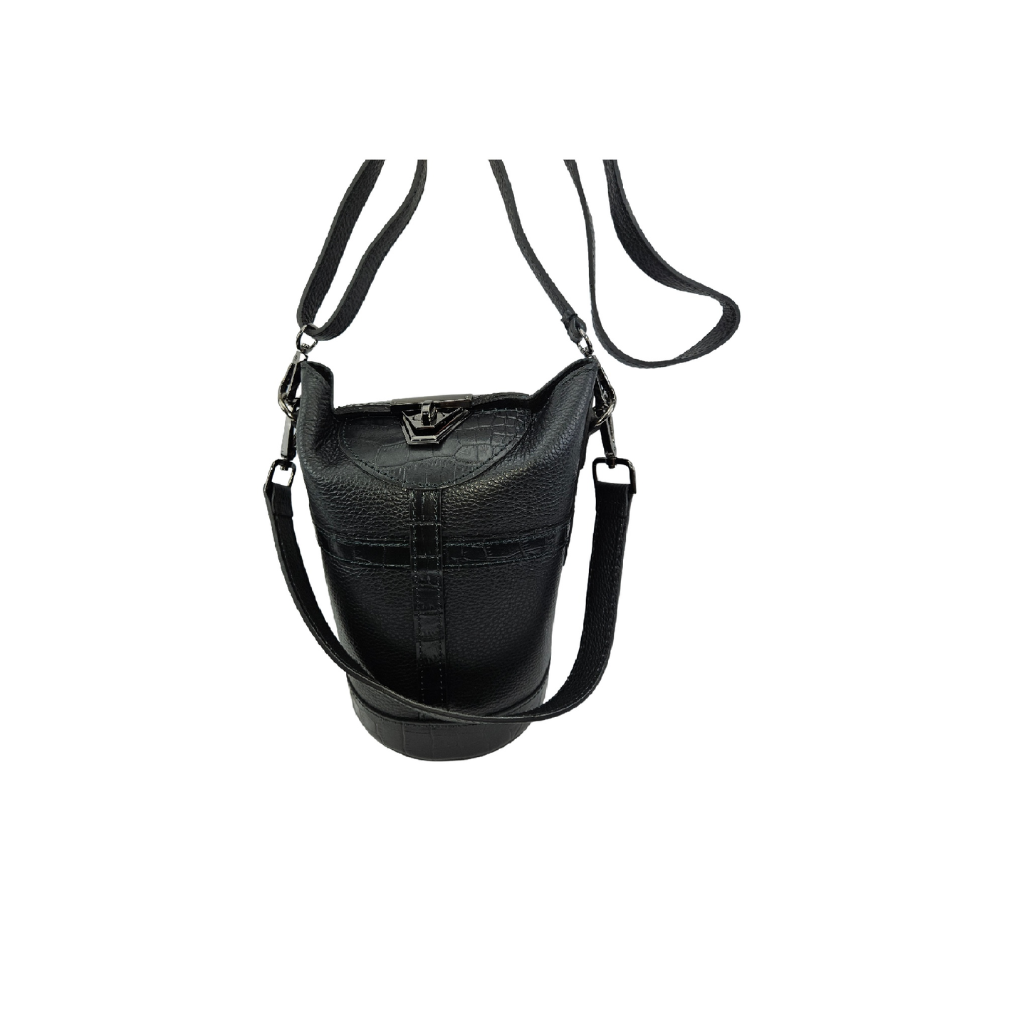 Bucket Bag Leder Krokoprägung Schwarz