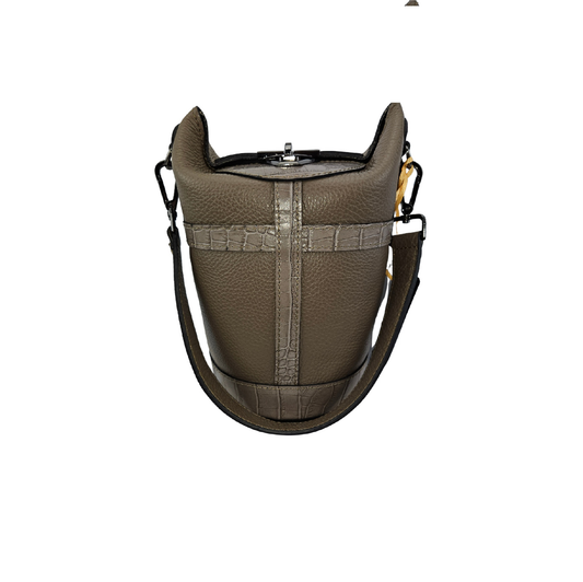 Bucket Bag Leder Krokoprägung Taupe